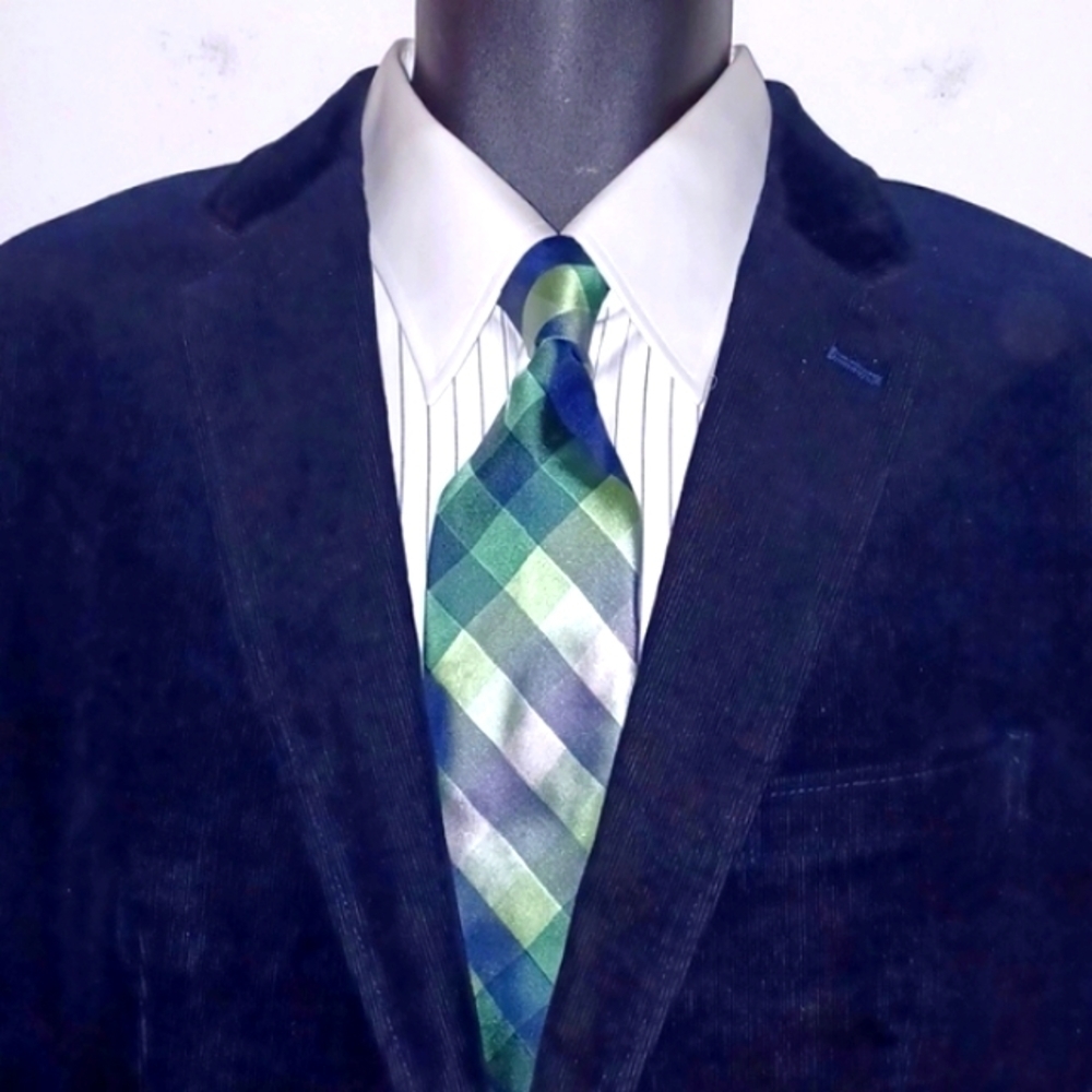 GEOFFREY BEENE Blue Green Plaid Spring Silk Necktie